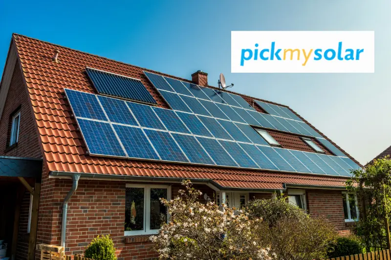 pick my solar logo on photo of home with red roof and solar panels