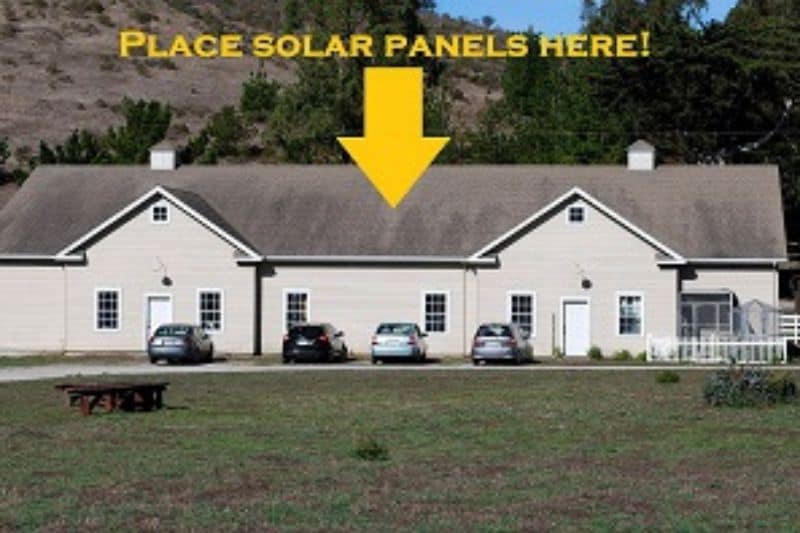 house with an arrow showing where to place solar panels