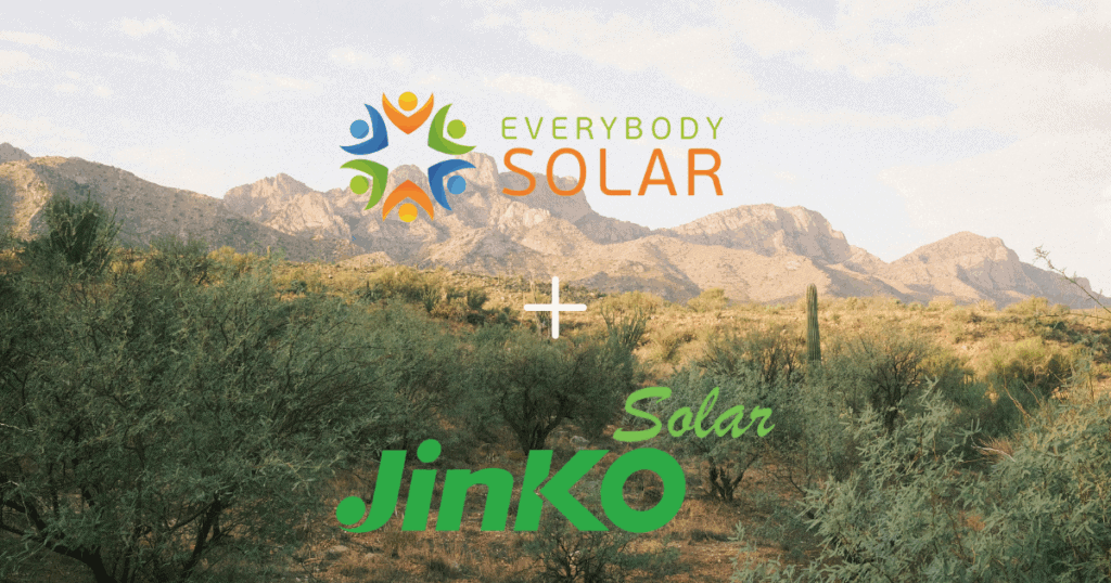 Everybody Solar + Jinko Solar A logo of a nonprofit organization Everybody Solar with a logo of a solar manufacturer company Jinko Solar. In the background is brown mountains and all different plants that thrive in an American desert
