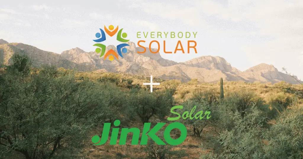 A logo of a nonprofit organization Everybody Solar with a logo of a solar manufacturer company Jinko Solar. In the background is brown mountains and all different plants that thrive in an American desert
