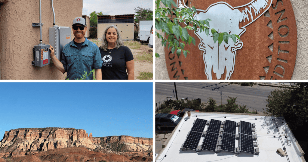 Top Left: A man and a woman are standing outdoors next to electrical equipment mounted on a stucco wall. The man is Jordan Stone, Executive Director of Cottonwood Gulch Expeditions, he is smiling and pointing to a grey electrical box labeled "240 VOLTS," while the woman  - Myriam Scally, Executive Director of Everybody Solar stands beside him. In the background, there are some industrial-looking containers and a white truck. The woman is wearing a black t-shirt with a logo that appears to say "EVERYBODY SOLAR."
Top Right: A close-up shot of a decorative metal sign. Cottonwood Gulch Expeditions symbol. The sign features a large, white silhouette of a longhorn skull against a rusted, weathered metal background. Green leaves from a plant are in the foreground, partially obscuring the sign.
Bottom Left: A landscape photograph of a large, flat-topped mesa or butte under a clear, bright blue sky. The rock formations show distinct layers of red, orange, and tan, characteristic of arid regions like the American Southwest.
Bottom Right: An aerial or high-angle view of a commercial roof where several rows of solar panels have been installed. A street with parked cars and some vegetation is visible below the roof.
