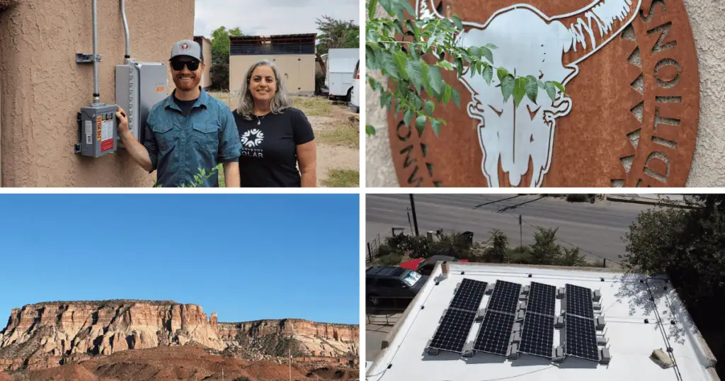 Top Left: A man and a woman are standing outdoors next to electrical equipment mounted on a stucco wall. The man is Jordan Stone, Executive Director of Cottonwood Gulch Expeditions, he is smiling and pointing to a grey electrical box labeled "240 VOLTS," while the woman  - Myriam Scally, Executive Director of Everybody Solar stands beside him. In the background, there are some industrial-looking containers and a white truck. The woman is wearing a black t-shirt with a logo that appears to say "EVERYBODY SOLAR."
Top Right: A close-up shot of a decorative metal sign. Cottonwood Gulch Expeditions symbol. The sign features a large, white silhouette of a longhorn skull against a rusted, weathered metal background. Green leaves from a plant are in the foreground, partially obscuring the sign.
Bottom Left: A landscape photograph of a large, flat-topped mesa or butte under a clear, bright blue sky. The rock formations show distinct layers of red, orange, and tan, characteristic of arid regions like the American Southwest.
Bottom Right: An aerial or high-angle view of a commercial roof where several rows of solar panels have been installed. A street with parked cars and some vegetation is visible below the roof.
