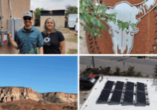 Top Left: A man and a woman are standing outdoors next to electrical equipment mounted on a stucco wall. The man is Jordan Stone, Executive Director of Cottonwood Gulch Expeditions, he is smiling and pointing to a grey electrical box labeled "240 VOLTS," while the woman  - Myriam Scally, Executive Director of Everybody Solar stands beside him. In the background, there are some industrial-looking containers and a white truck. The woman is wearing a black t-shirt with a logo that appears to say "EVERYBODY SOLAR."
Top Right: A close-up shot of a decorative metal sign. Cottonwood Gulch Expeditions symbol. The sign features a large, white silhouette of a longhorn skull against a rusted, weathered metal background. Green leaves from a plant are in the foreground, partially obscuring the sign.
Bottom Left: A landscape photograph of a large, flat-topped mesa or butte under a clear, bright blue sky. The rock formations show distinct layers of red, orange, and tan, characteristic of arid regions like the American Southwest.
Bottom Right: An aerial or high-angle view of a commercial roof where several rows of solar panels have been installed. A street with parked cars and some vegetation is visible below the roof.
