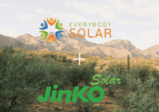 A logo of a nonprofit organization Everybody Solar with a logo of a solar manufacturer company Jinko Solar. In the background is brown mountains and all different plants that thrive in an American desert
